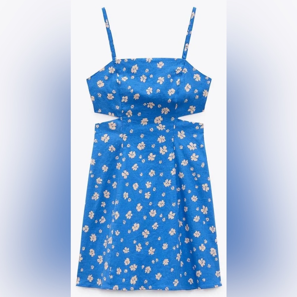 Zara blue tan floral tank sundress cut out detail xl NWT